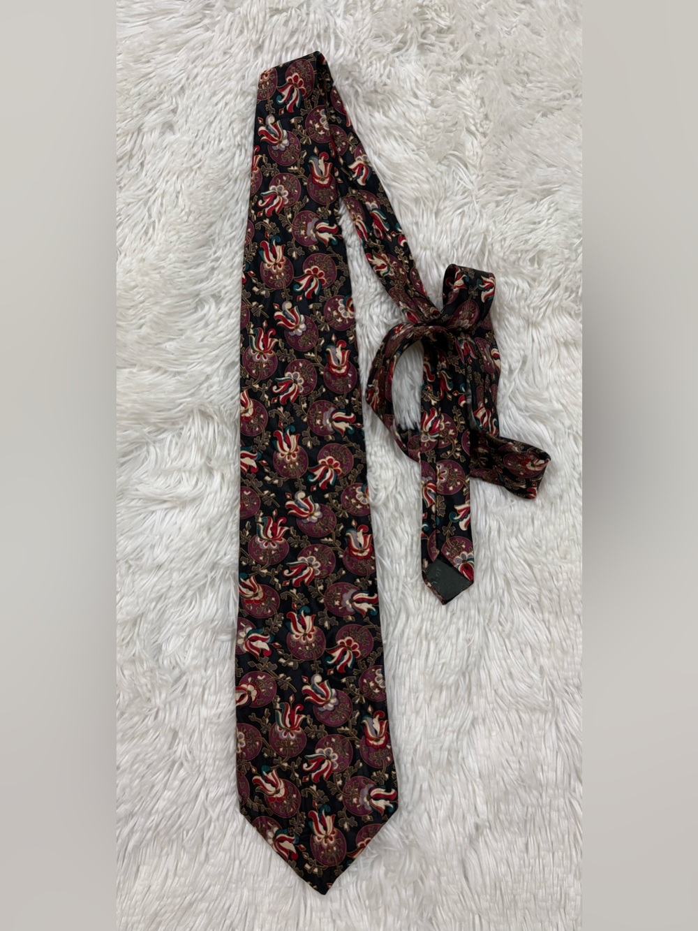 Vintage Dior Black Silk Tie with Red, Gold and Teal Paisley Motif
